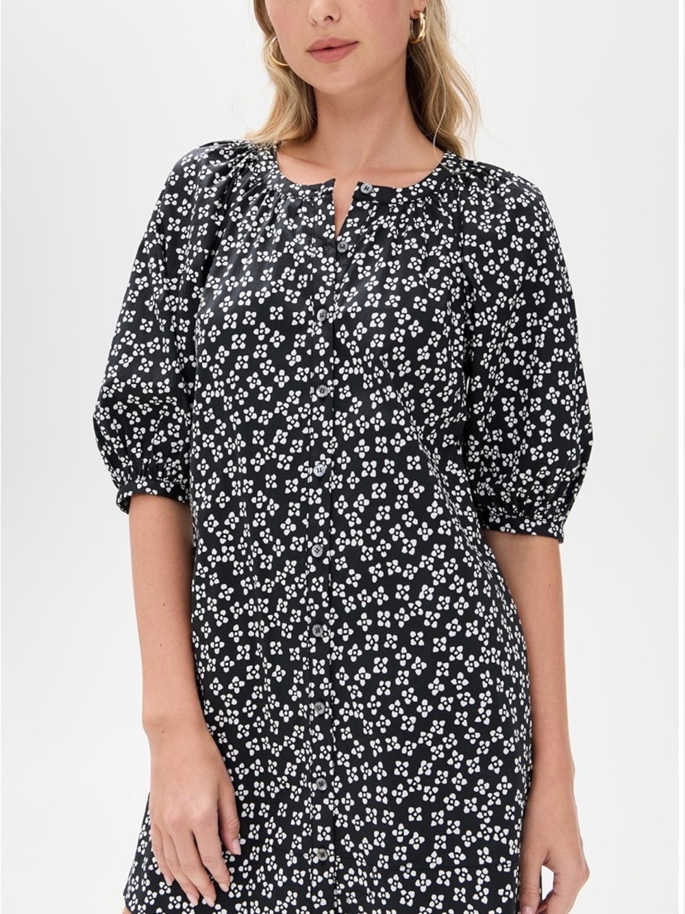 STAUD Black and White Floral Button-Front Puff-Sleeve Tunic